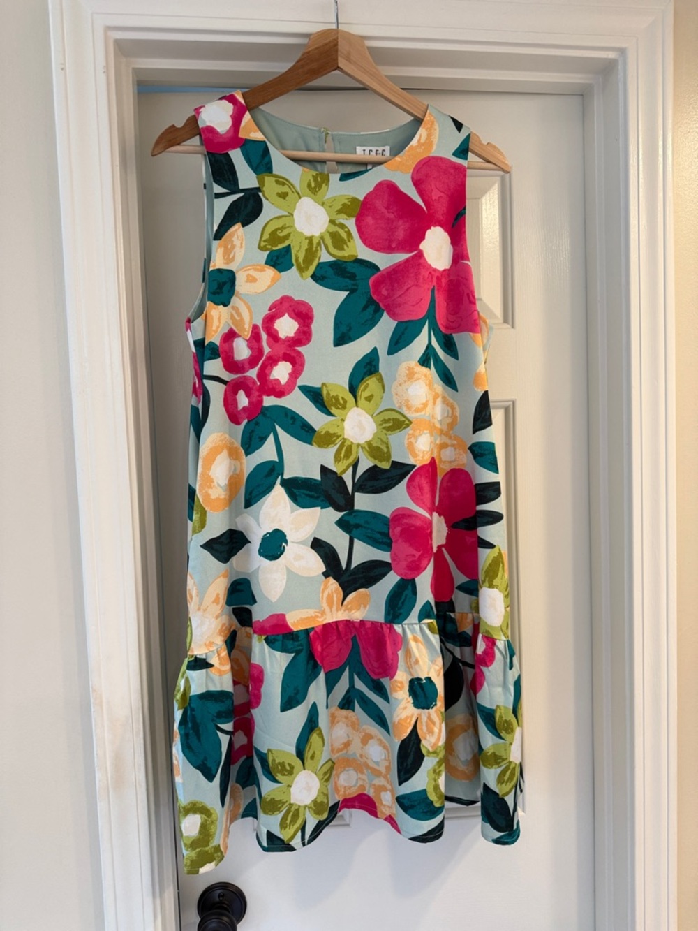 Womens Floral Swing Dress in Aqua with Pink & Green Blooms